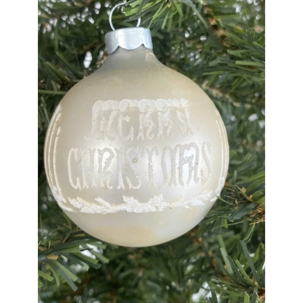 Vintage White Made USA MERRY CHRISTMAS Mica Stenciled Ball Ornament Holiday